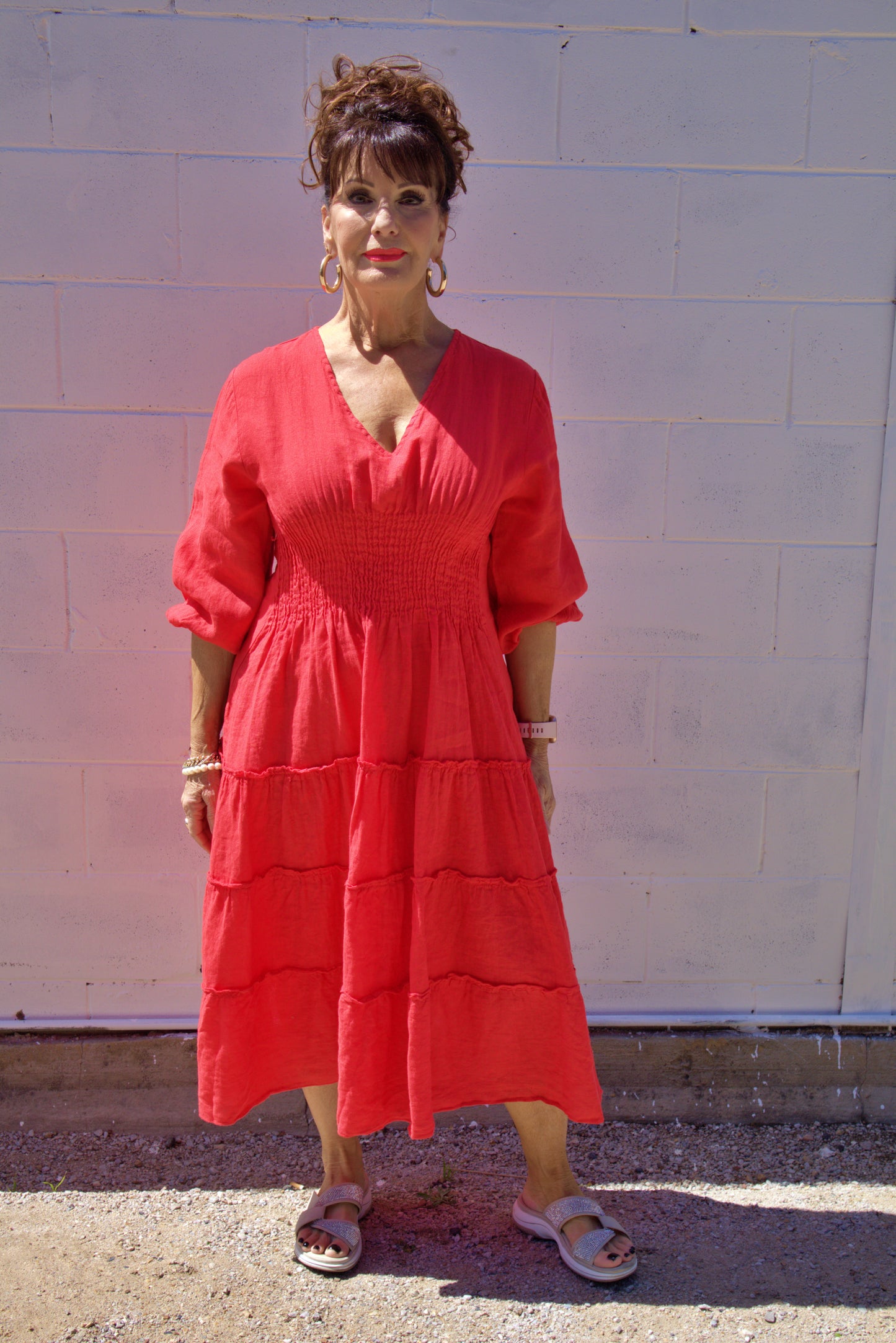 Shirred Linen Dress Red