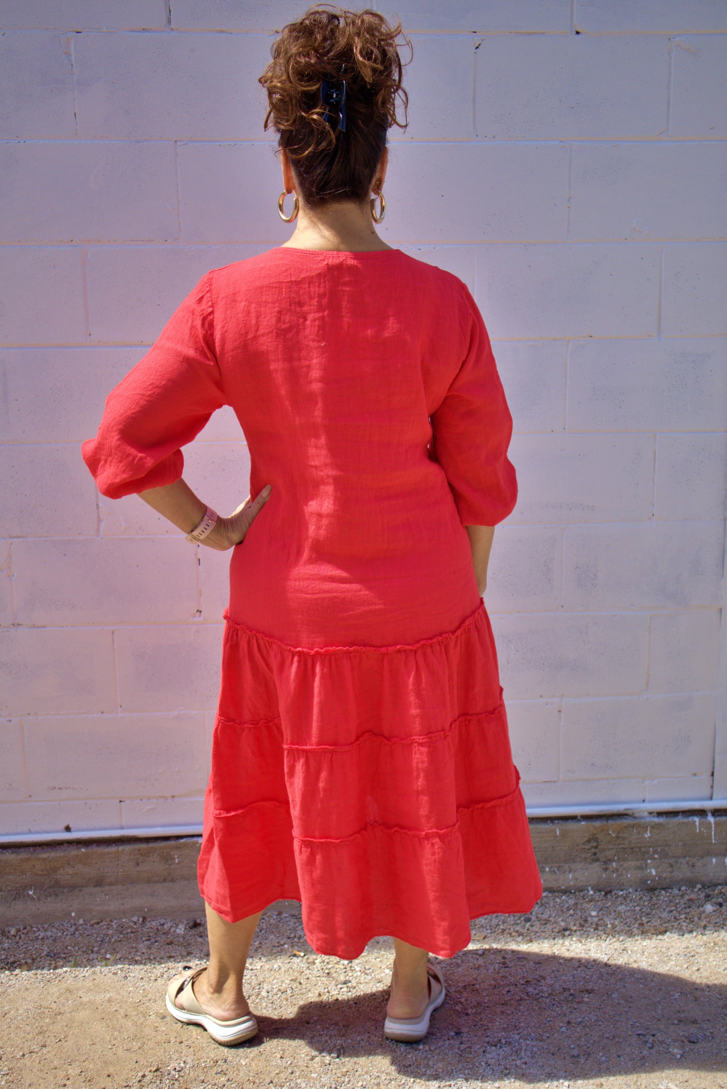 Shirred Linen Dress Red
