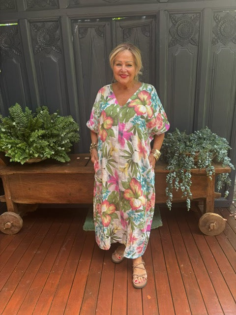 V Neck Hibiscus Dress