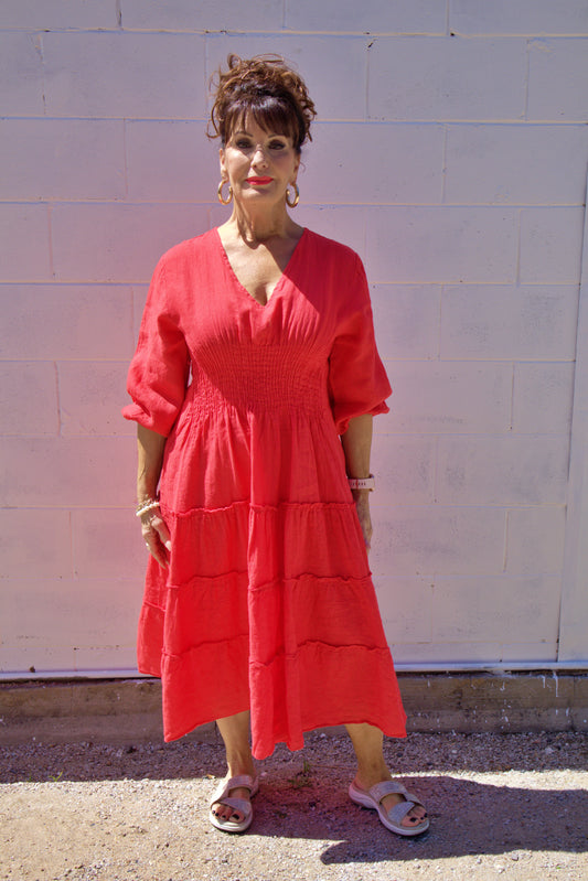 Shirred Linen Dress Red