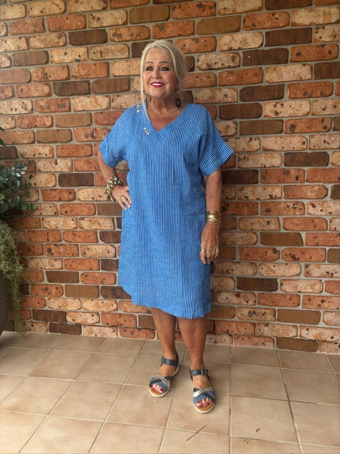 3 Button Blue Stripe Dress